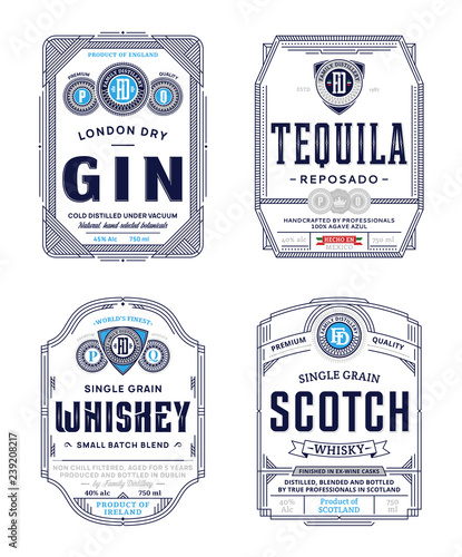Alcoholic drinks vintage thin line labels and packaging design templates. Gin, tequila, whiskey and scotch labels. Distilling business branding and identity design elements.