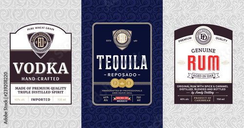 Alcoholic drinks vintage labels and packaging design templates. Vodka, tequila and rum labels. Distilling business branding and identity design elements.