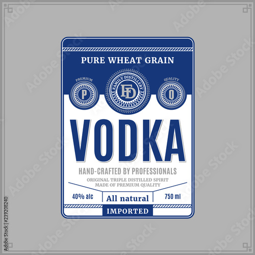 Vector white and blue vodka label isolated on a grey background. Distilling business branding and identity design elements.