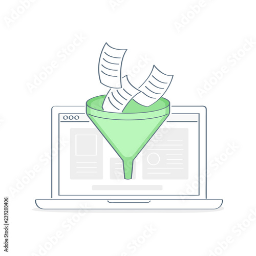 Paper documents are passed through the funnel or posting on the website. Filtration, bid data filter, information filtering, data processing or data analysis, content collection