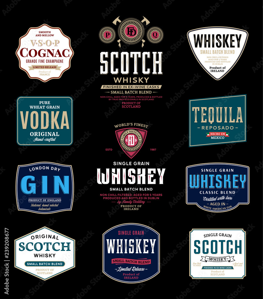 Fototapeta premium Alcoholic drinks labels and packaging design templates. Whiskey, scotch, gin, cognac, tequila and vodka labels. Distilling business branding and identity design elements.