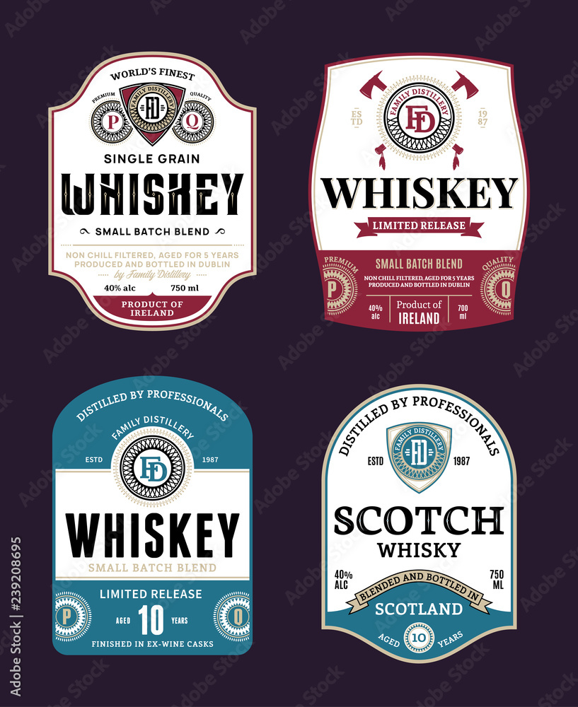 Vector vintage whiskey and scotch whisky labels. Distilling business ...