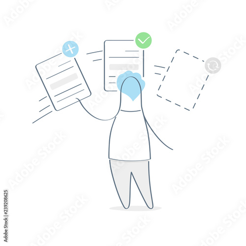 Task performance, online management on the service desk, board. Cute cartoon manager moving file document during work between different statuses - new task, task in progress, task on review