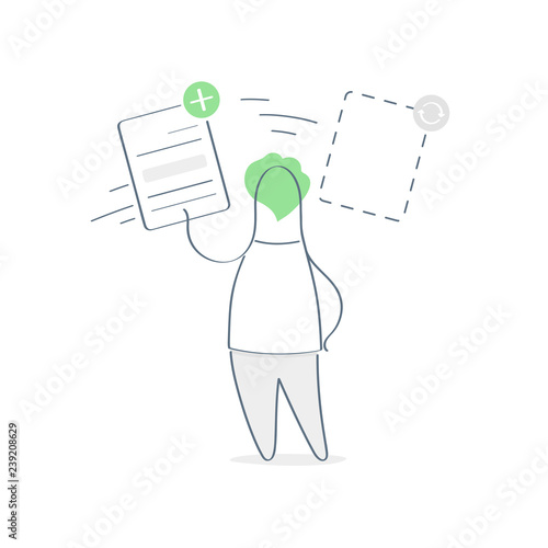 Task performance, file transfer, copying, sending, making a copy, paperwork, online task management on the service desk, board. Cute cartoon character moving file document during work