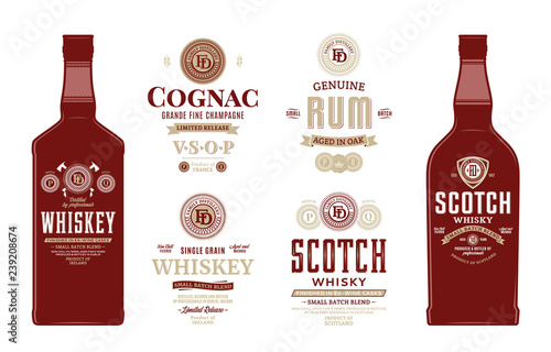 Alcoholic drinks labels and bottle mockup templates. Whiskey, scotch whisky, cognac and rum labels. Distilling business branding and identity design elements.