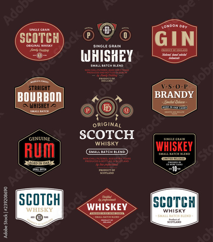 Alcoholic drinks labels and packaging design templates. Whiskey, scotch, rum, brandy, bourbom and gin labels. Distilling business branding and identity design elements.