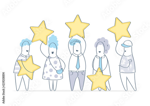 Five stars, evaluation, customers rating. People holding stars. Feedback, consumer or customer review, voting, user review, evaluation, satisfaction level, critic illustration vector