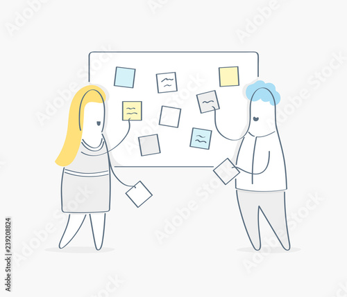 Task performance, task pool online management on the service desk. Managers discussing tasks and issues, process flow, moving cards on kanban board, agile project management, scrum task board concept.