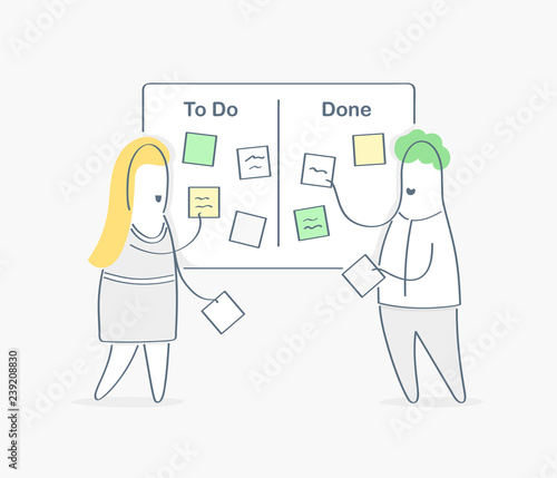 Task performance, task pool online management on the service desk. Managers discussing tasks and issues, process flow, moving cards on kanban board, agile project management, scrum task board concept