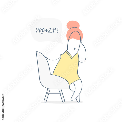 Bad mood, problem, headache, stressed unhappy cartoon woman sitting in the armchair, she feeling unwell and swearing, frustration, anger, bad words in chat bubble