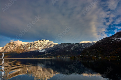 Nærøy fjord in Norway. Landscape of mountains and transparent waters. Spectacular reflections. Dream voyages