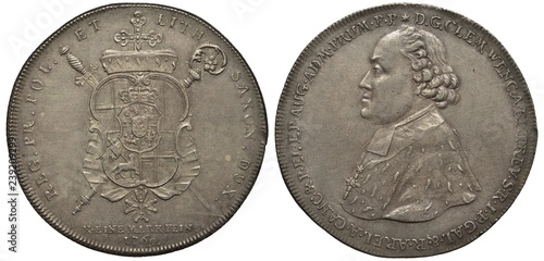 Germany German City of Trier silver coin 1 one thaler 1769, crowned shield with designs in front of crossed crosier and sword, bust of ruler Clemens Wenceslas of Saxony in mantle left, photo