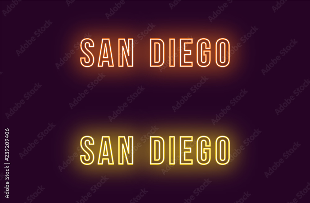 Neon name of San Diego city in USA. Vector text Neon name of San Diego city in USA. Vector text