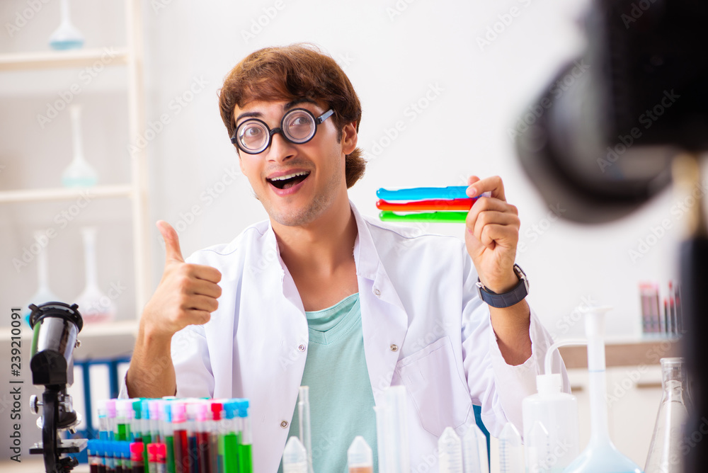 Chemist blogger recording video for his blog Chemist blogger recording video for his blog