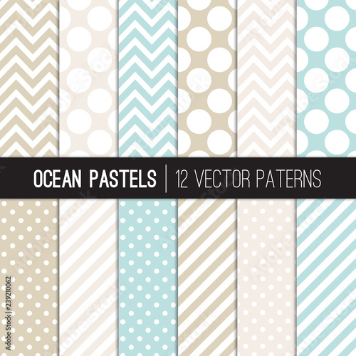 Ocean Pastels Vector Patterns in Aqua Blue, Sand, Beige and White Polka Dots, Chevron and Candy Stripes. Modern Geometric Backgrounds. Repeating Pattern Tile Swatches Included.