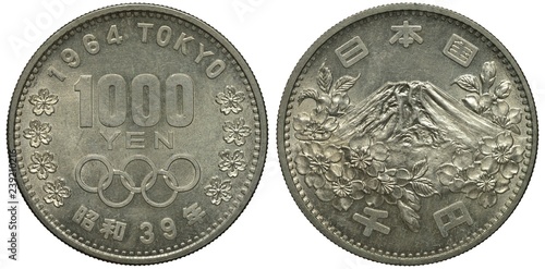 Japan Japanese silver coin 1000 one thousand yen 1964, value flanked by flowers, five rings below, Fuji mountain surrounded by Sakura flowers, hieroglyphs, greenish patina,
