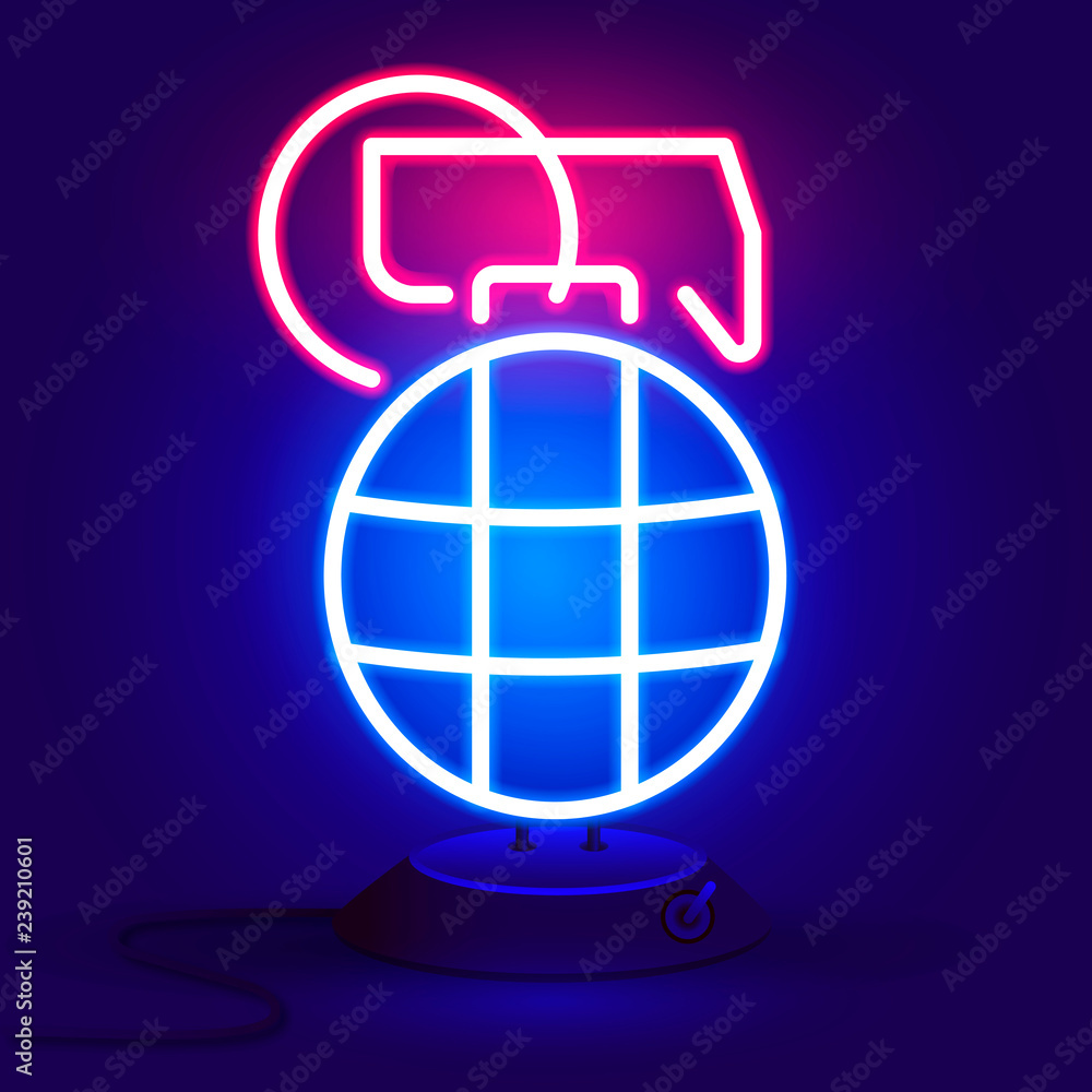 Grenade is red and blue glowing neon icon. Grenade is red and blue glowing neon icon.