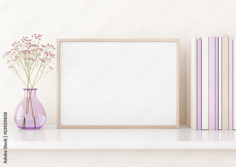 Home interior poster mock up with horizontal frame on shelf, flowers in vase and books on warm white wall background. 3D rendering.