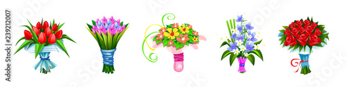 vector set of bouquets of flowers in a multi-colored festive wrapper, different plants designed for sale or as a gift