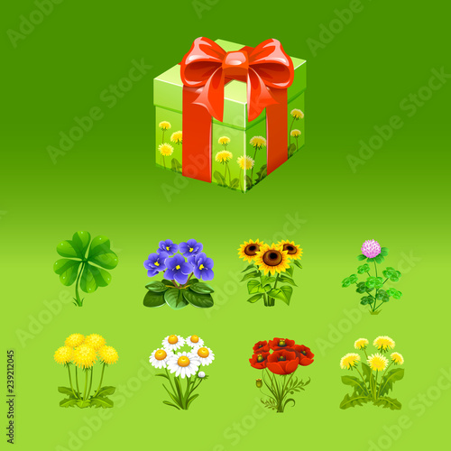 vector set of realistic cute flowers and present box holiday rewards