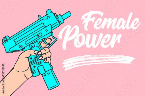 Female power, woman with gun in hand, cartoon vector illustration on pink background design concept