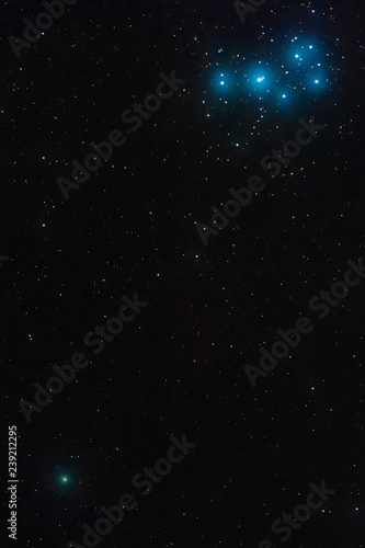 The Pleiades and the comet 46P Wirtanen in the constellation Taurus photographed on December 15  2018  from Mannheim in Germany.