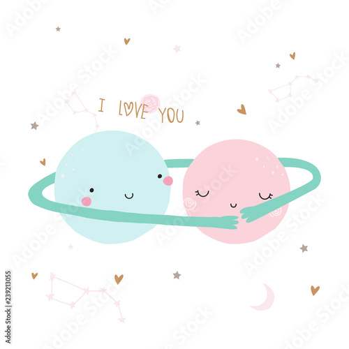 Sweet couple of planets hugging. Cute romantic graphic. Vector hand drawn illustration.
