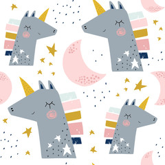 Fototapete Einhornmuster Skandinavisches Einhorn Mond Kindermuster  © solodkayamari