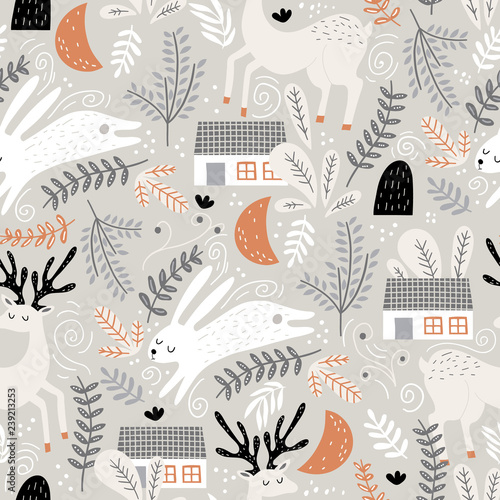 Seamless woodland pattern with deer, bunny and forest house. Creative kids for fabric, wrapping, textile, wallpaper, apparel. Vector illustration