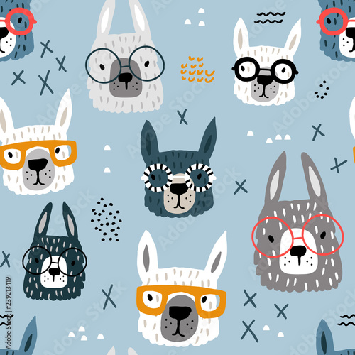 Seamless pattern with funny alpaka in glasses. Creative hand drawn llama childish texture. Great for fabric, textile Vector Illustration