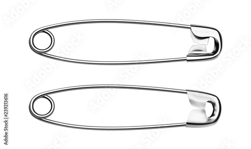 Realistic safety pin isolated on white background. Front and rear view. Vector illustration. Easy to use for your design. EPS10.