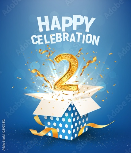 Two years anniversary and open gift box with explosions confetti. Template 2nd birthday celebration on blue background vector Illustration