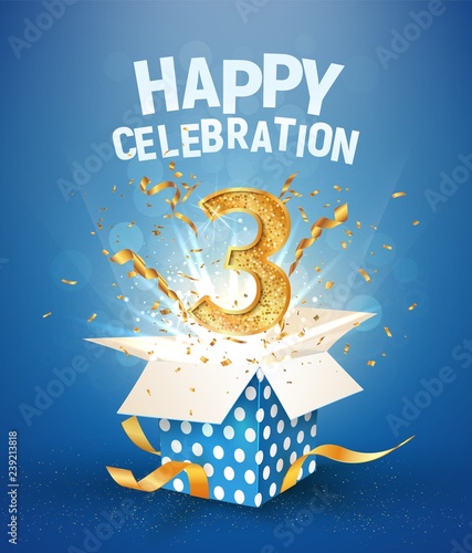 3th years anniversary and open gift box with explosions confetti. Template three birthday celebration on blue background vector Illustration