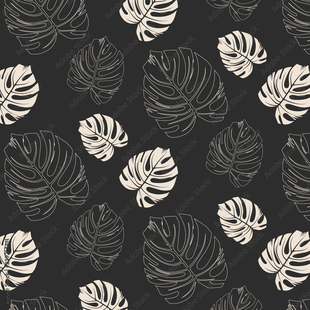 Beach pattern wallpaper of tropical with white leaves of palm trees on a black background. Hipster pattern