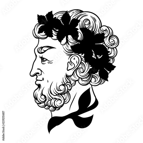 Vector hand drawn illustration with God of wine. Artwork with profile of antique God. Template for card, poster, banner, print for t-shirt.