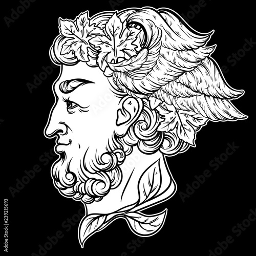 Vector hand drawn illustration with God of wine. Artwork with profile of antique God. Template for card, poster, banner, print for t-shirt.