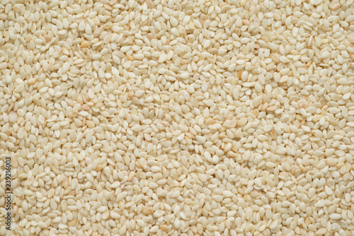 Raw white sesame seeds, top view, abstract background