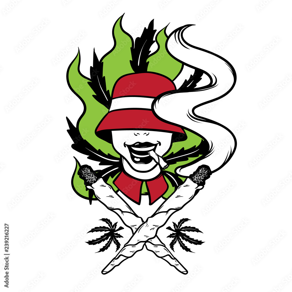 Vector hand drawn illsutration of person in hat with joint. Tattoo artwork. Colorful template for card, poster, banner, print for t-shirt made in cartoon style. Vector hand drawn illsutration of person in hat with joint. Tattoo artwork. Colorful template for card, poster, banner, print for t-shirt made in cartoon style.
