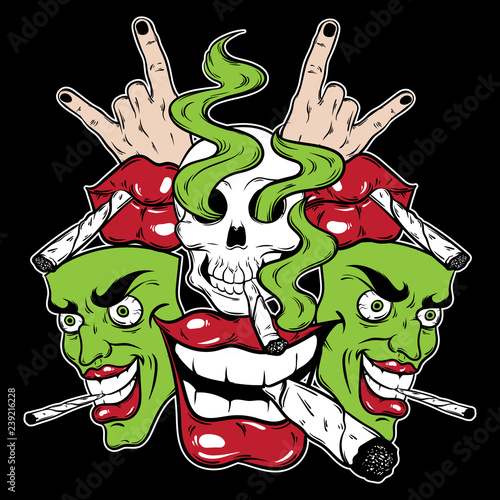 Vector hand drawn illustration with portraits, mouth with joint and skull. Tattoo artwork. Colorful template for poster, banner, print for t-shirt made in cartoon style.