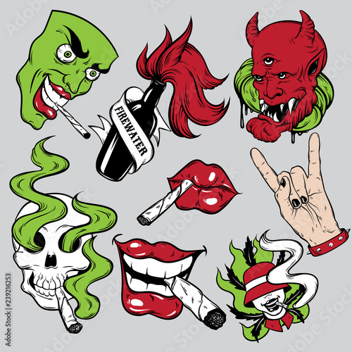 Vector fashion patch badges set with lips, skull with roll-up, rock hand, face and devil. Patches, pins, stickers made in hand drawn cartoon style. Weed stickers collection.