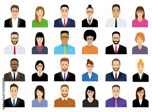 People Icons Set. Team Concept. Diverse business men and women avatar icons. Vector illustration of flat design people characters.