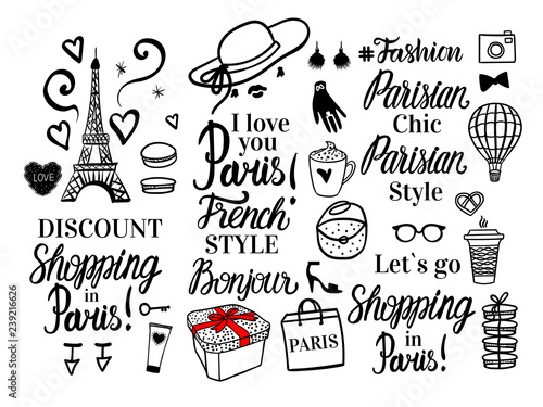 Vector Shopping in Paris collection. Set black fashion illustration and lettering inscription. Parisian Style, chic, discount.