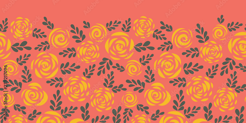 Abstract floral seamless vector border. Scandinavian style roses and leaves red coral yellow. Flower silhouettes. Pattern border for Valentines, summer, greeting card, banner, frame, stencil cutting
