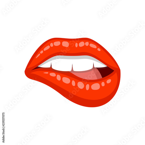 Illustration of sexy woman's lip. Bite one's lip, female lips with red lipstick. Vector illustration isolated on white background.