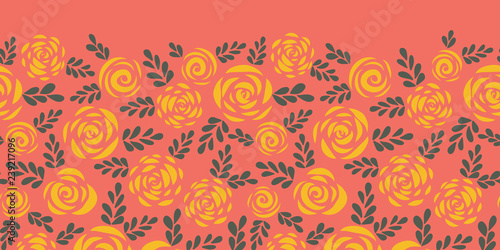 Abstract floral seamless vector border. Scandinavian style roses and leaves red coral yellow. Flower silhouettes. Pattern border for Valentines, summer, greeting card, banner, frame, stencil cutting