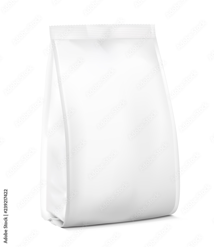 Perfect quality vertical package with flat bottom mockup. Perspective view. Vector illustration isolated on white background. Easy to use for presentation your product, idea, design. EPS10.