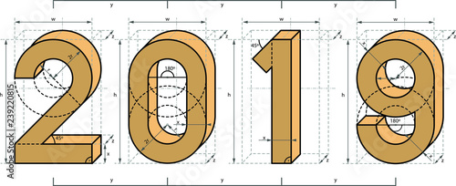 2019 New Year Technical Font Project Design in 3D Style with Z axis