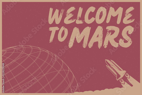 Welcome to Mars with Rocket vector illustration concept on dark red background with texture