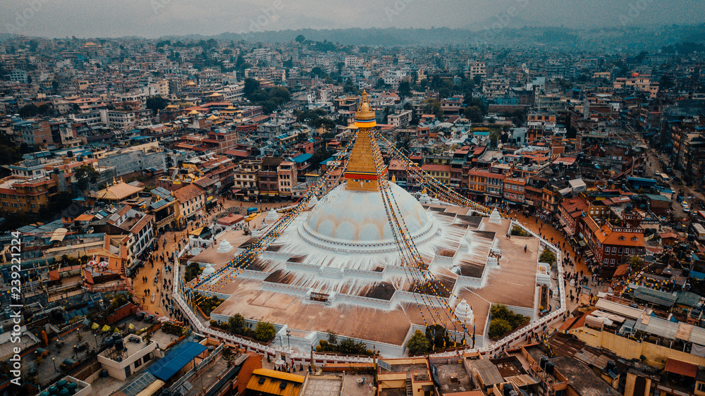 Stupa Bodhnath Kathmandu, Nepal - October 12, 2018 - obrazy, fototapety, plakaty 