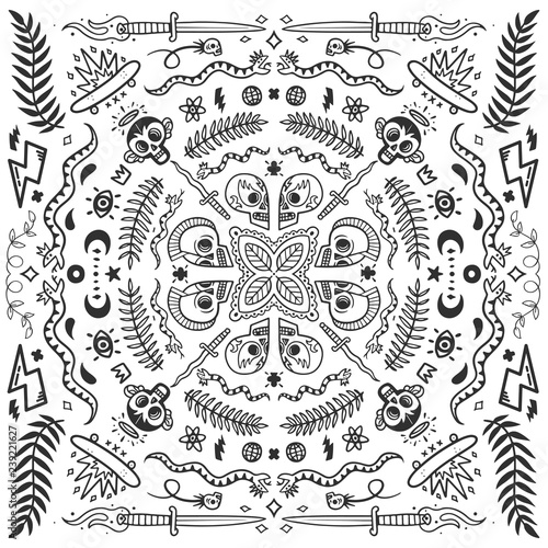 Black and white bandana, old school tattoo elements in doodle style with snakes, skulls, skates and knifes vector illustration concept on white background